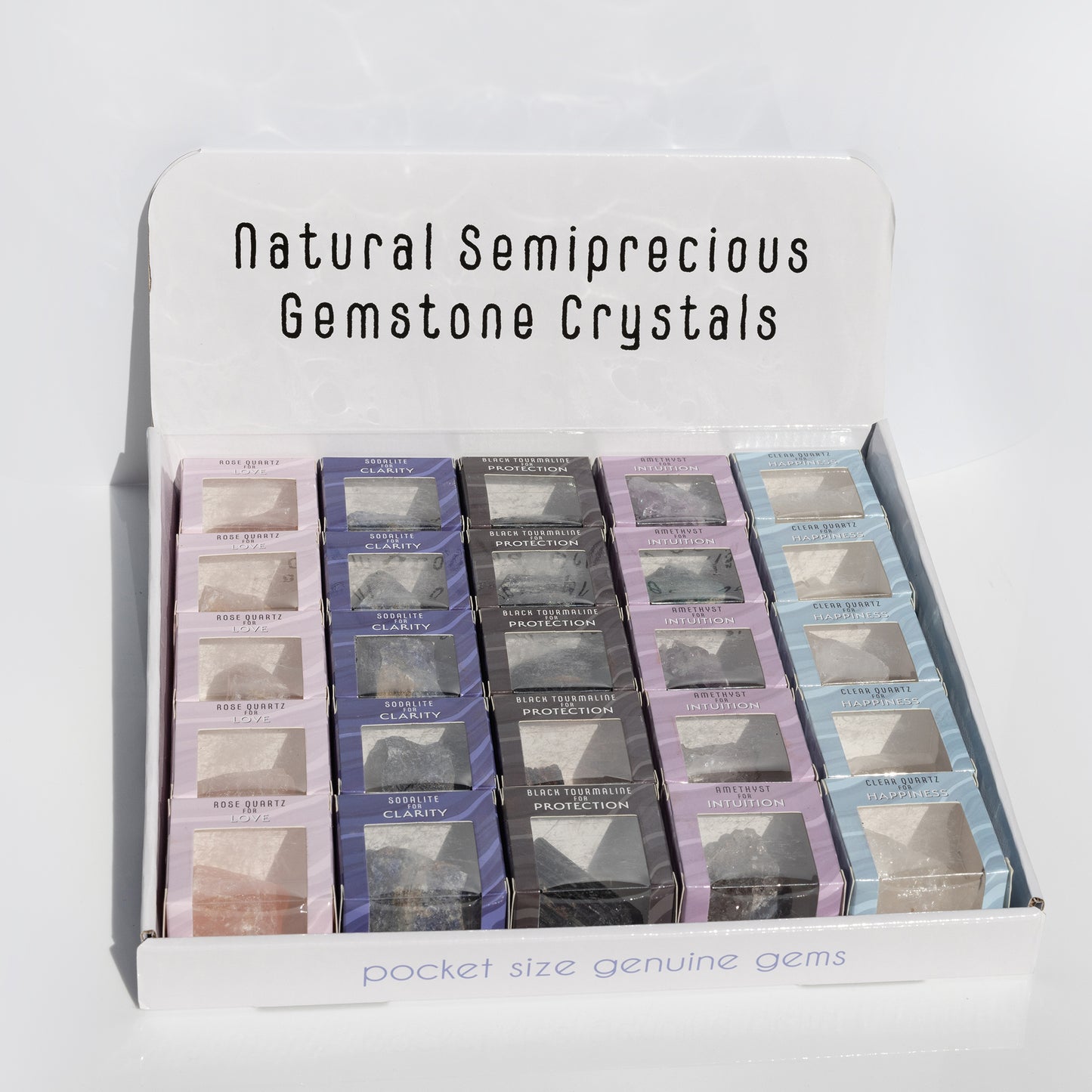Assorted Crystal PDQ 25 pieces Includes Rose Quartz, Clear Crystal, Black Tourmaline, Sodalite and Amethyst