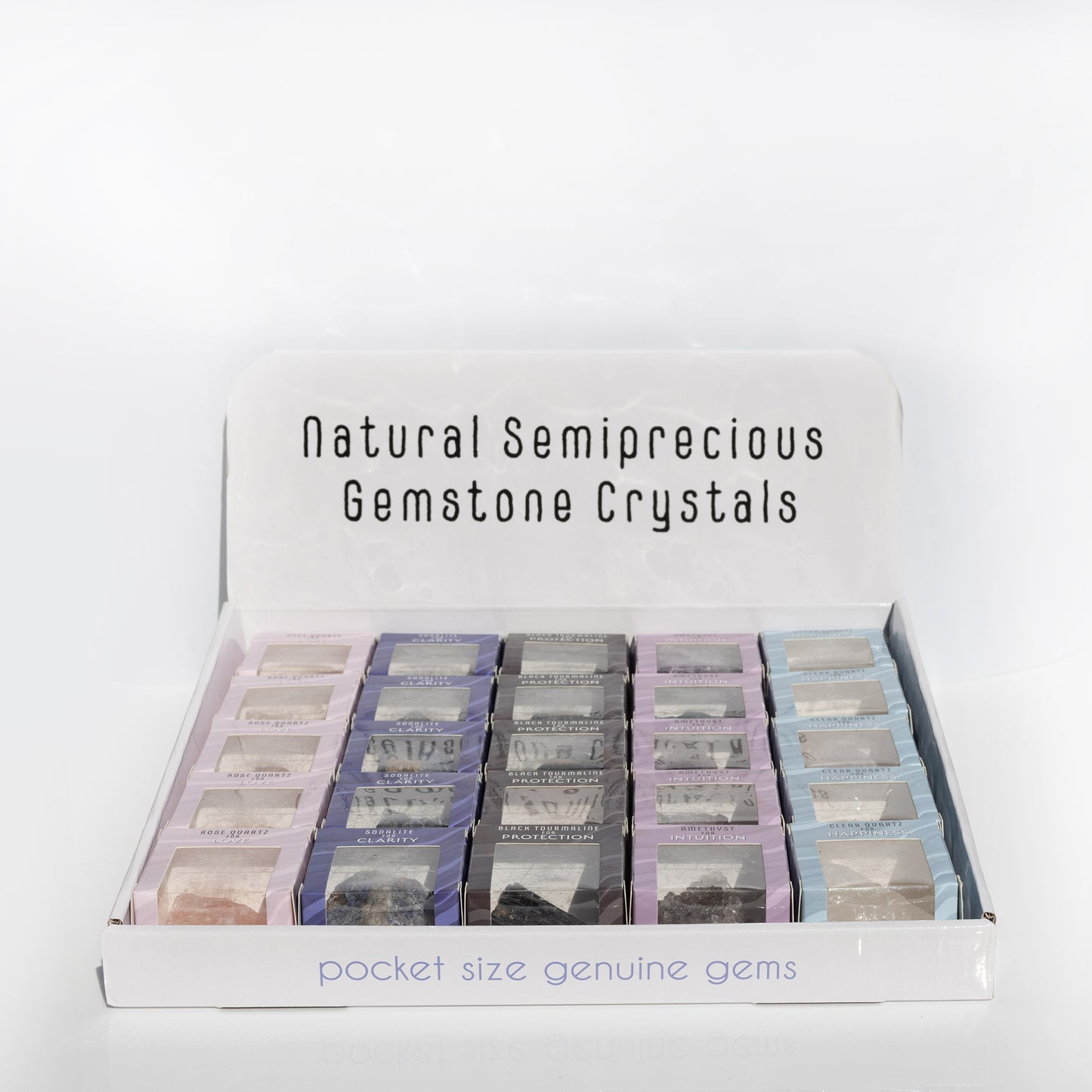 Assorted Crystal PDQ 25 pieces Includes Rose Quartz, Clear Crystal, Black Tourmaline, Sodalite and Amethyst