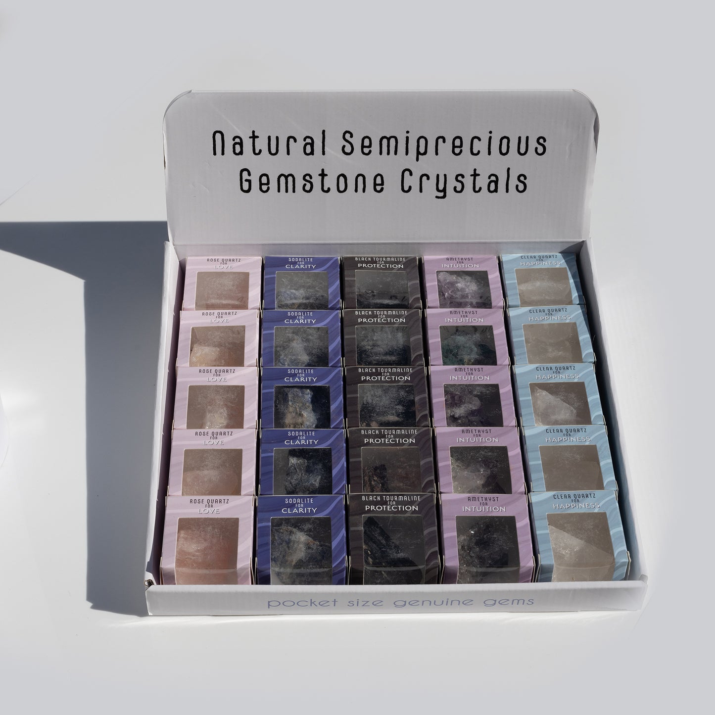 Assorted Crystal PDQ 25 pieces Includes Rose Quartz, Clear Crystal, Black Tourmaline, Sodalite and Amethyst